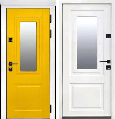 Жёлтая входная дверь с белыми наличниками нестандарт №2