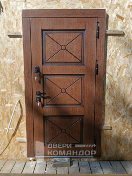 Входная металлическая дверь терморазрыв  шпон / зеркало-эмаль с двухцветной окраской металла, магнитными уплотнителями, порогом из нержавейки, на заказ