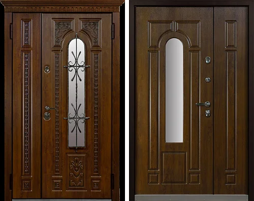 Дверь металлическая двухстворчатая филенчатая со стеклом №19