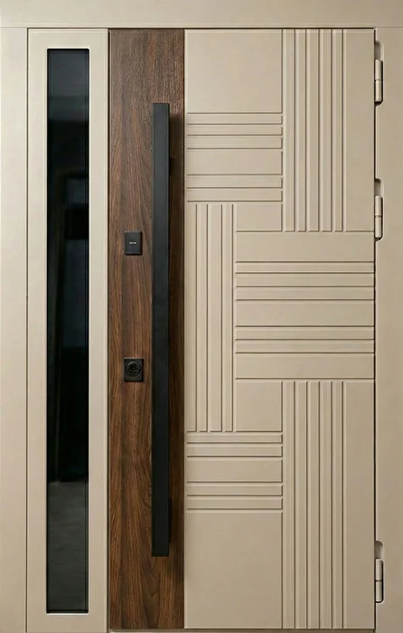 Металлическая дверь бежевая с боковым стеклом и вставкой венге №131