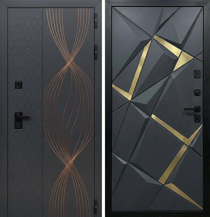 Входная графитовая дверь с золотыми вставками №173