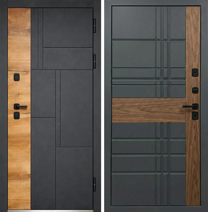 Железная дверь графит с древесными акцентами в стиле лофт №229