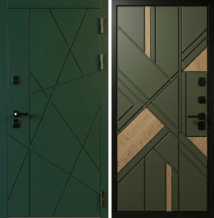 Металлическая зелёная дверь с древесными вставками лофт №262