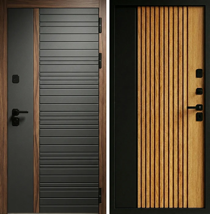 Металлическая дверь графит с рейками под дерево №313