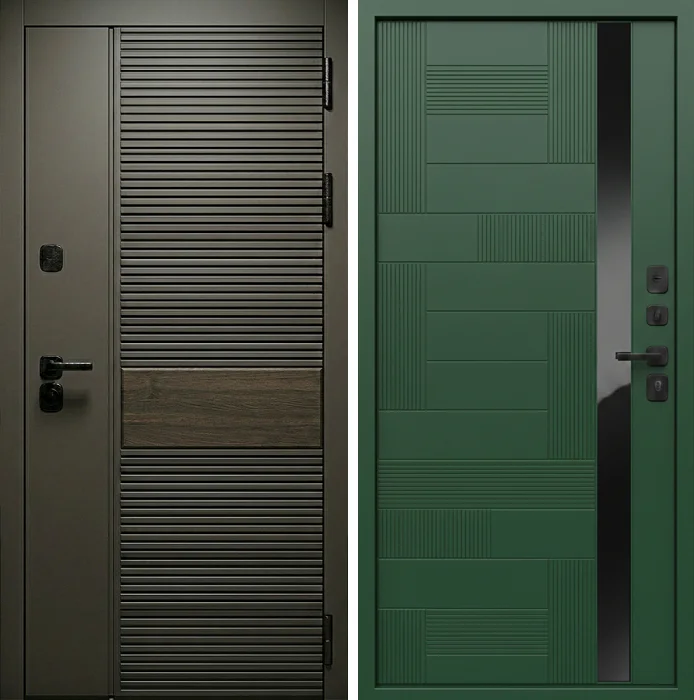 Железная оливковая дверь с декоративной вставкой для квартиры №214