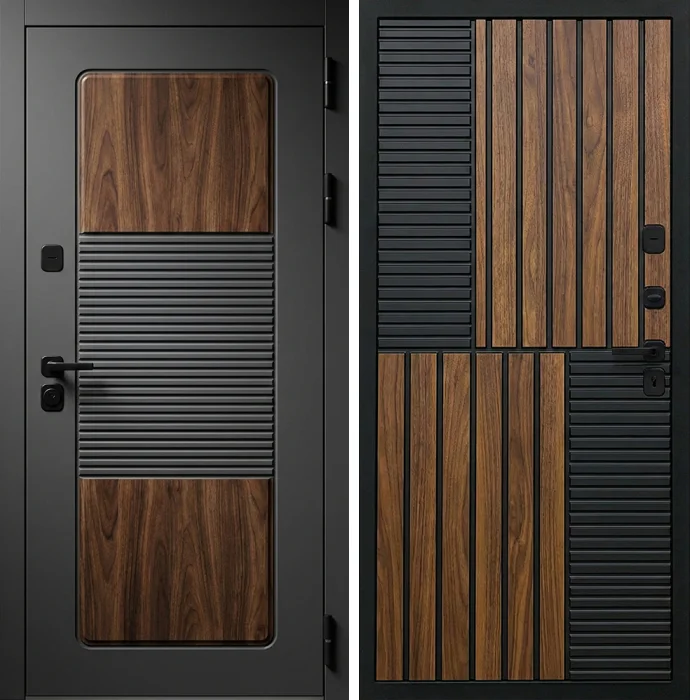 Стальная дверь антрацит с древесной вставкой и рейками №351