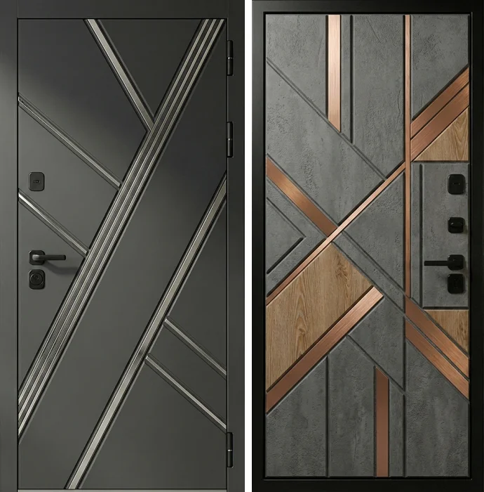 Железная дверь графит бетон с медными вставками для дома №309