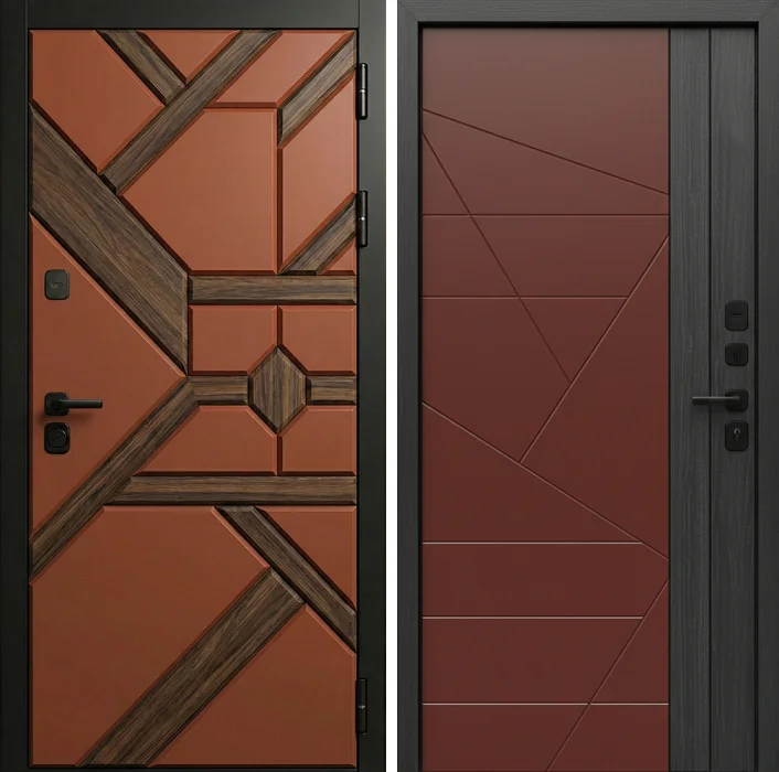 Стальная дверь терракотовая с геометрической МДФ-панелью №276