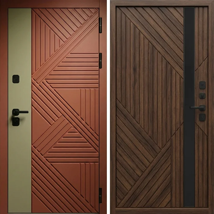 Стальная дверь терракотовая с геометрической фрезеровкой для дома №317