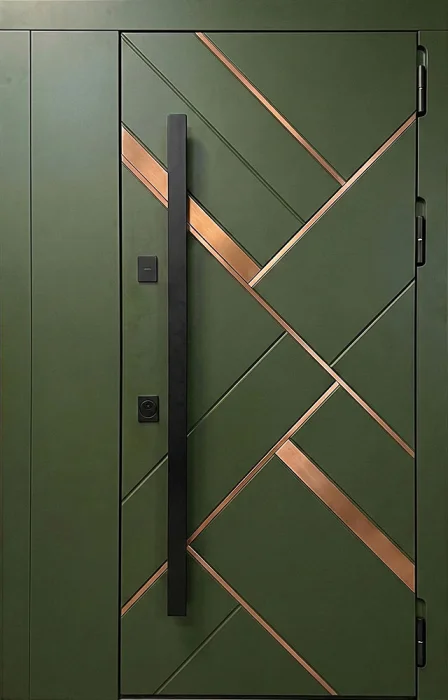 Стальная входная дверь хаки с медными вставками и геометрией №74