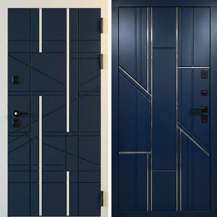 Стальная синяя дверь с тонкими молдингами модерн №265