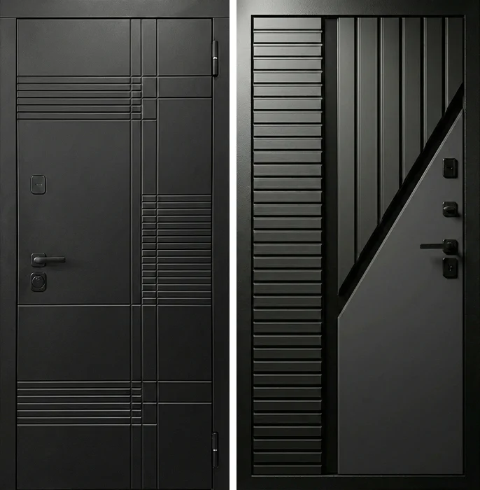 Металлическая чёрная дверь с геометрическим рельефом №213