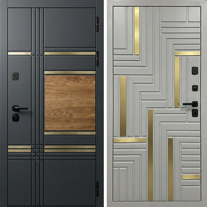 Входная дверь графит с латунными вставками и МДФ №320