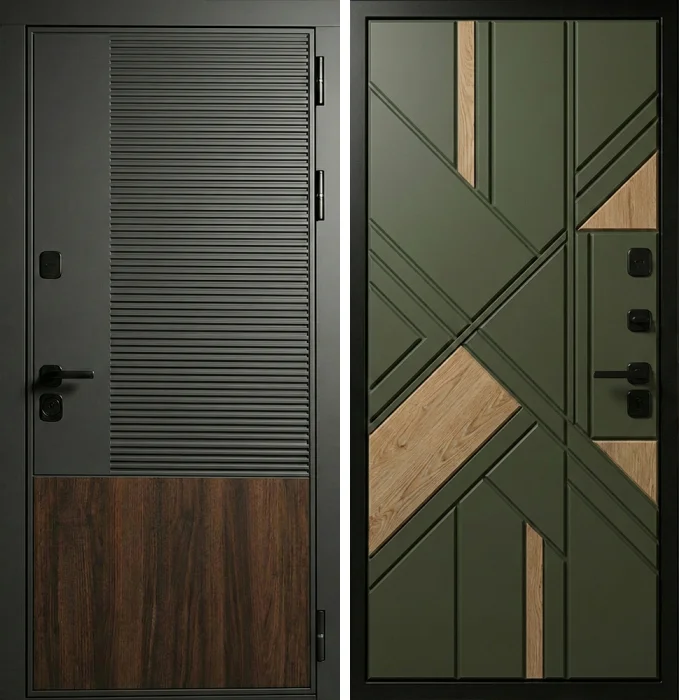 Железная оливковая дверь с геометрической отделкой №339