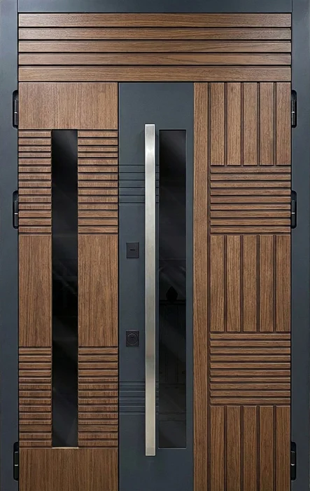 Входная двустворчатая дверь орех с вертикальным стеклом для частного дома №105