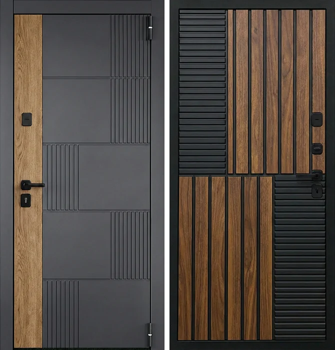 Металлическая дверь графит с рейками и вставками под дерево №242