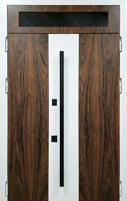 Стальная дверь под орех с белой вставкой и верхним стеклом №119