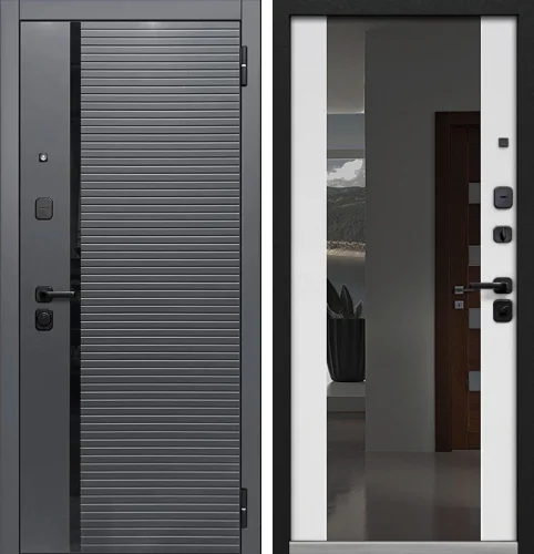 Входная дверь серая снаружи / белая внутри с зеркалом и глазком №18
