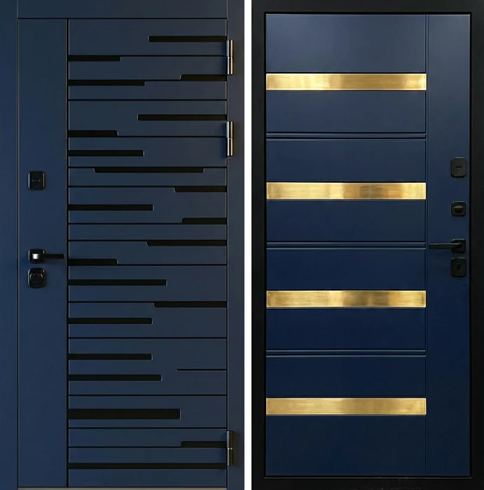 Стальная синяя дверь с чёрным геометрическим декором №261