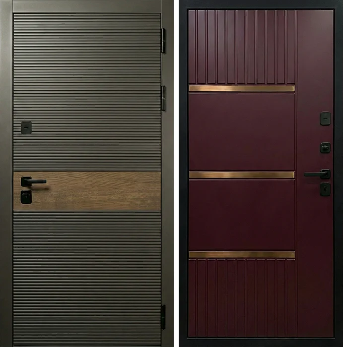 Входная дверь в дом из газобетона с бордовой панелью №359