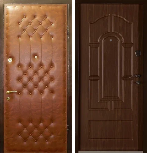 Железная дверь с дермантином и золотой фурнитурой №10