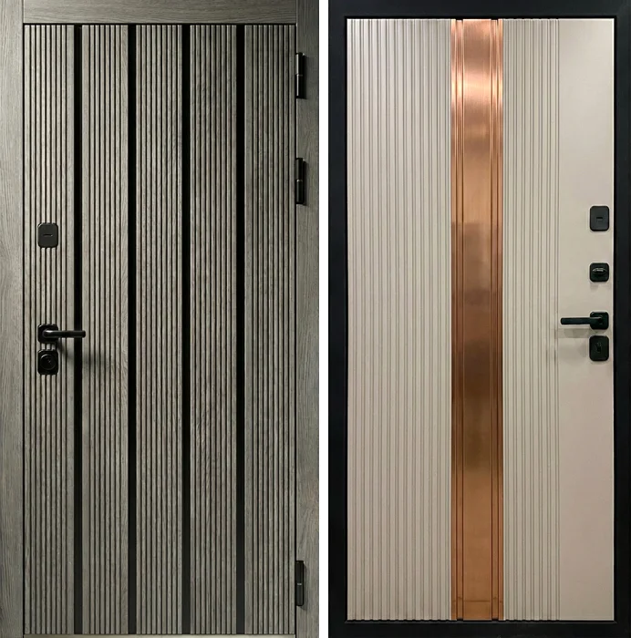 Входная дверь с рифлёной МДФ-панелью и медной вставкой №341
