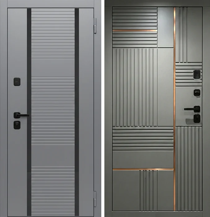 Входная серая дверь с рельефной МДФ-панелью №181