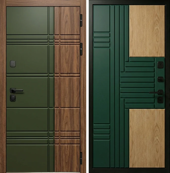Входная дверь зелёная с древесной отделкой №291